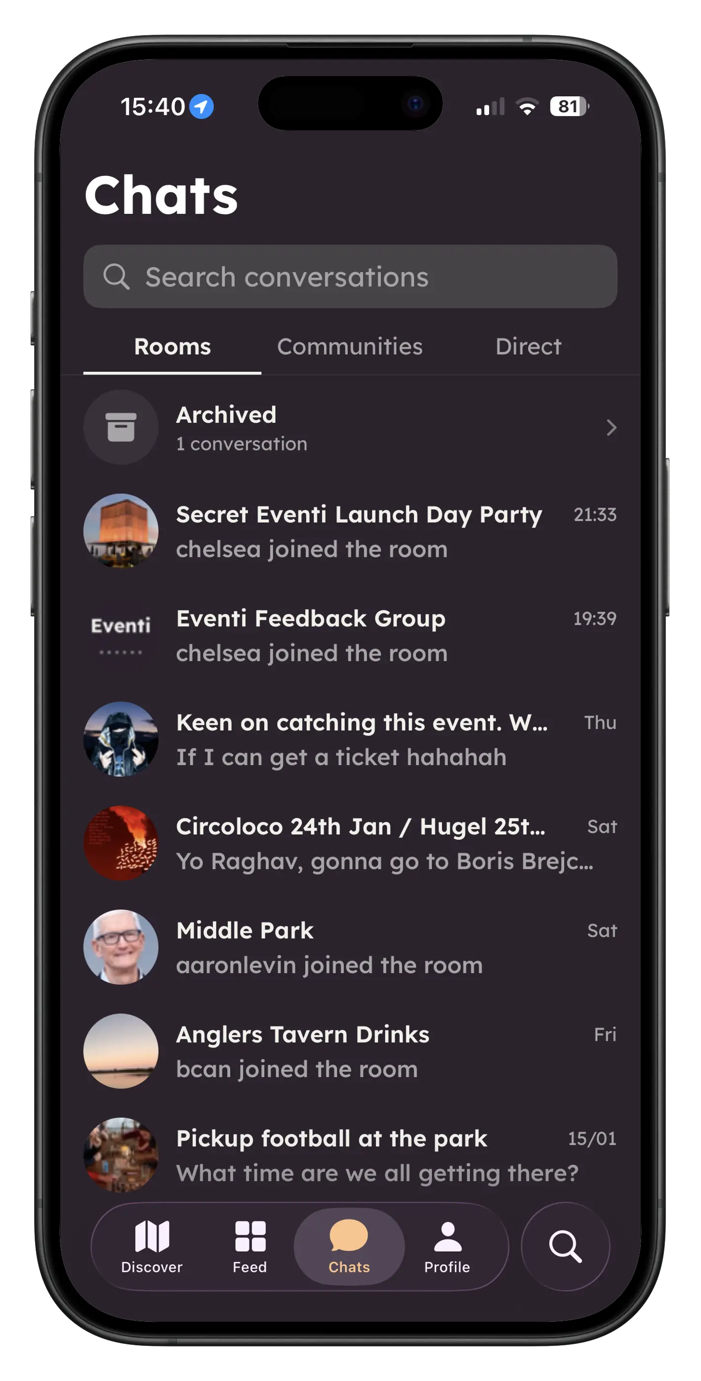 Eventi Show Up screen