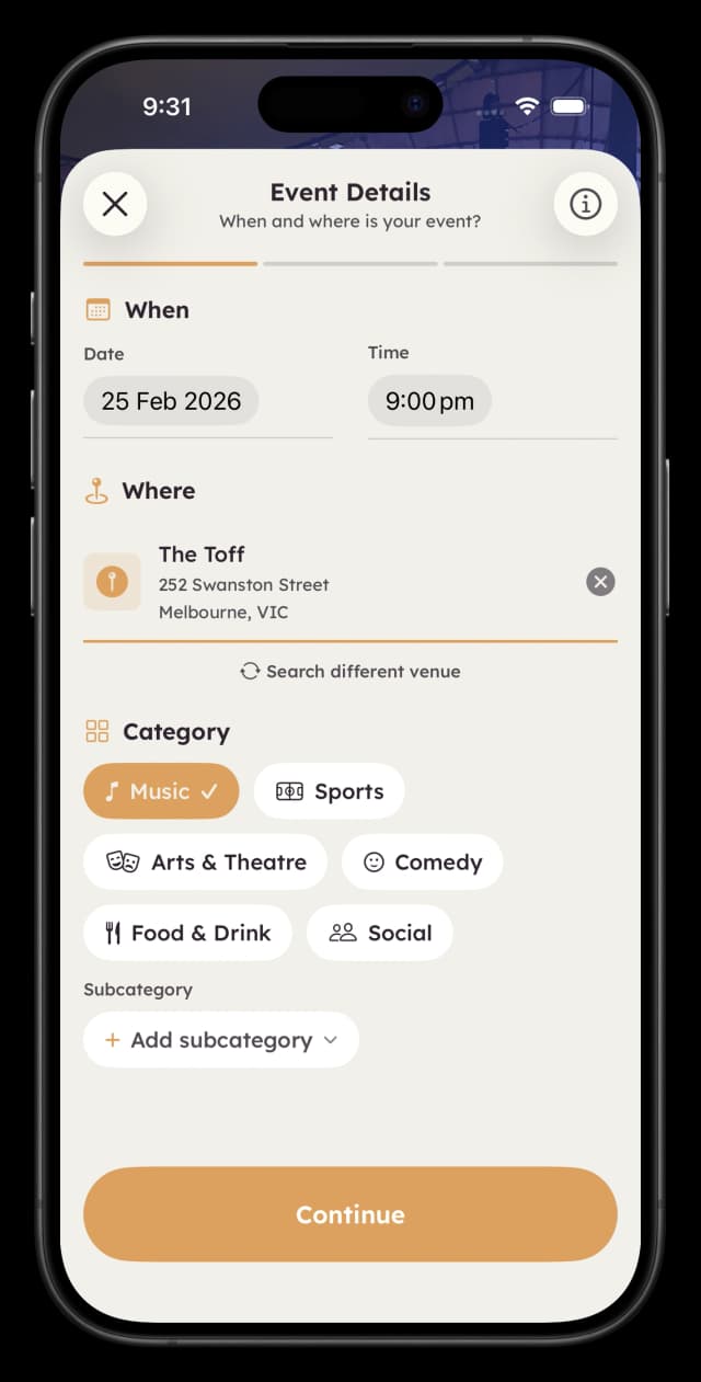 Event creation - date, time, and venue selection