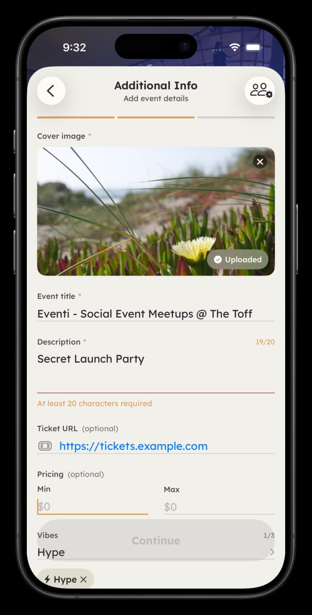 Event creation - title, description, and cover image
