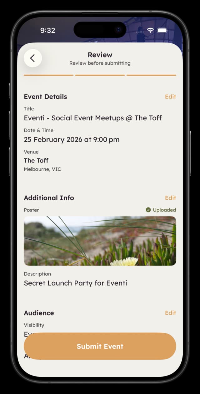 Event creation - review and submit
