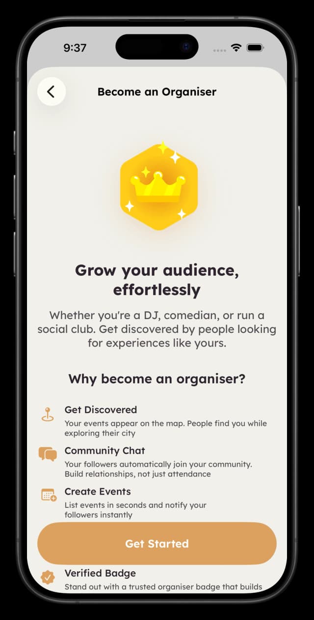 Organiser application - Welcome screen
