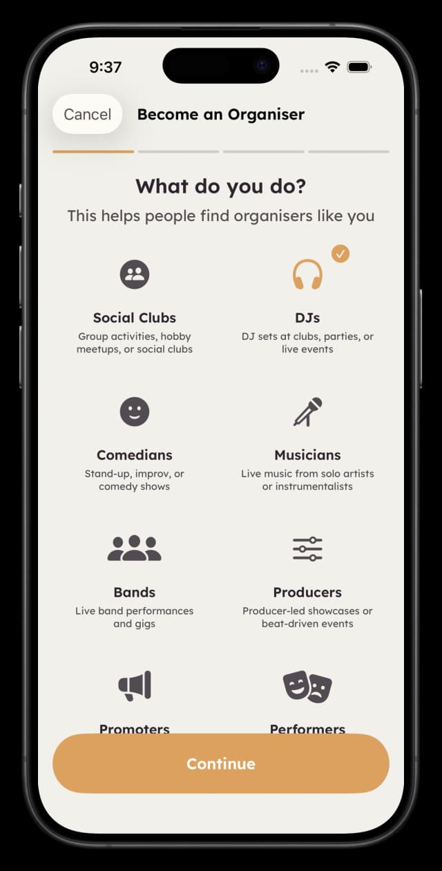 Selecting your organiser type - Promoter, DJ, Musician, Band, and more options