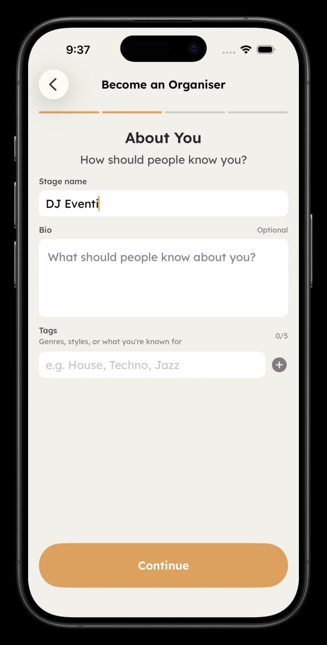 Organiser application - About You step