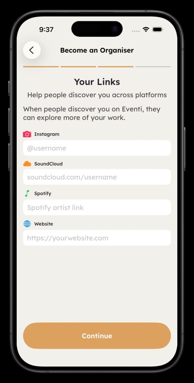 Organiser application - Social Links step