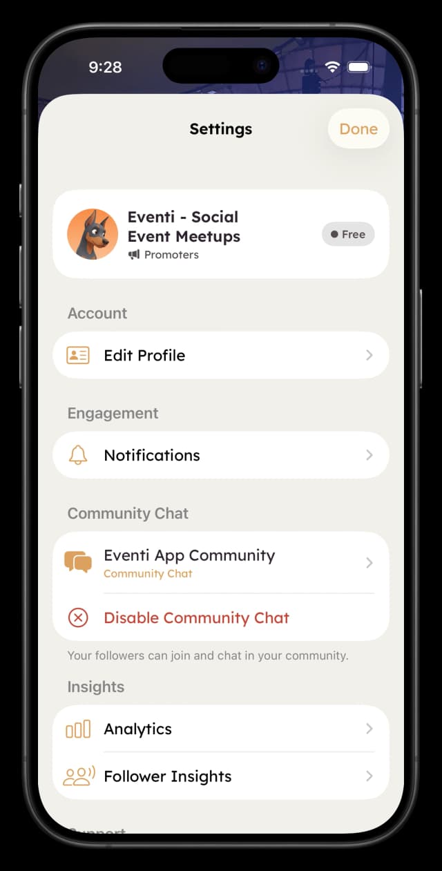Organiser settings - edit profile, manage community, view analytics